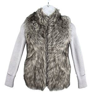 Express Womens S Oversized Merino Wool Blend Faux Fur Sweater Vest Knit Sleeves